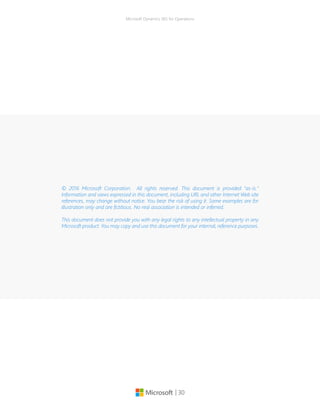 | 30
Microsoft Dynamics 365 for Operations
© 2016 Microsoft Corporation.  All rights reserved. This document is provided "as-is."
Information and views expressed in this document, including URL and other Internet Web site
references, may change without notice. You bear the risk of using it. Some examples are for
illustration only and are fictitious. No real association is intended or inferred.
 
This document does not provide you with any legal rights to any intellectual property in any
Microsoft product. You may copy and use this document for your internal, reference purposes.
 