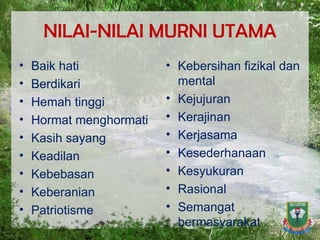 NILAI-NILAI MURNI UTAMA Baik hati Berdikari Hemah tinggi Hormat menghormati Kasih sayang Keadilan Kebebasan Keberanian Patriotisme Kebersihan fizikal dan mental Kejujuran Kerajinan Kerjasama Kesederhanaan Kesyukuran Rasional Semangat bermasyarakat 