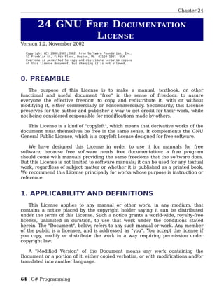 Chapter 24


        24 GNU F REE D OCUMENTATION
                  L ICENSE
Version 1.2, November 2002

  Copyright (C) 2000,2001,2002 Free Software Foundation, Inc.
  51 Franklin St, Fifth Floor, Boston, MA 02110-1301 USA
  Everyone is permitted to copy and distribute verbatim copies
  of this license document, but changing it is not allowed.




0. PREAMBLE
   The purpose of this License is to make a manual, textbook, or other
functional and useful document "free" in the sense of freedom: to assure
everyone the effective freedom to copy and redistribute it, with or without
modifying it, either commercially or noncommercially. Secondarily, this License
preserves for the author and publisher a way to get credit for their work, while
not being considered responsible for modifications made by others.

   This License is a kind of "copyleft", which means that derivative works of the
document must themselves be free in the same sense. It complements the GNU
General Public License, which is a copyleft license designed for free software.

    We have designed this License in order to use it for manuals for free
software, because free software needs free documentation: a free program
should come with manuals providing the same freedoms that the software does.
But this License is not limited to software manuals; it can be used for any textual
work, regardless of subject matter or whether it is published as a printed book.
We recommend this License principally for works whose purpose is instruction or
reference.


1. APPLICABILITY AND DEFINITIONS
    This License applies to any manual or other work, in any medium, that
contains a notice placed by the copyright holder saying it can be distributed
under the terms of this License. Such a notice grants a world-wide, royalty-free
license, unlimited in duration, to use that work under the conditions stated
herein. The "Document", below, refers to any such manual or work. Any member
of the public is a licensee, and is addressed as "you". You accept the license if
you copy, modify or distribute the work in a way requiring permission under
copyright law.

    A "Modified Version" of the Document means any work containing the
Document or a portion of it, either copied verbatim, or with modifications and/or
translated into another language.



64 | C# Programming
 