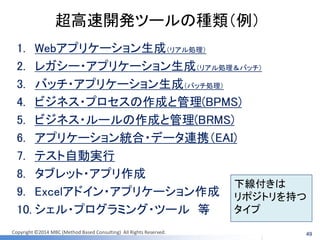 Copyright ©2014 MBC (Method Based Consulting) All Rights Reserved. 
超高速開発ツールの種類（例） 
1.Webアプリケーション生成（リアル処理） 
2.レガシー・アプリケーション生成（リアル処理＆バッチ） 
3.バッチ・アプリケーション生成（バッチ処理） 
4.ビジネス・プロセスの作成と管理(BPMS) 
5.ビジネス・ルールの作成と管理(BRMS) 
6.アプリケーション統合・データ連携（EAI) 
7.テスト自動実行 
8.タブレット・アプリ作成 
9.Excelアドイン・アプリケーション作成 
10.シェル・プログラミング・ツール 等 
49 
下線付きは リポジトリを持つ タイプ  