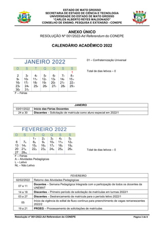 ESTADO DE MATO GROSSO
SECRETARIA DE ESTADO DE CIÊNCIA E TECNOLOGIA
UNIVERSIDADE DO ESTADO DE MATO GROSSO
“CARLOS ALBERTO REYES MALDONADO”
CONSELHO DE ENSINO, PESQUISA E EXTENSÃO - CONEPE
Resolução nº 001/2022-Ad Referendum do CONEPE Página 3 de 8
ANEXO ÚNICO
RESOLUÇÃO Nº 001/2022-Ad Referendum do CONEPE
CALENDÁRIO ACADÊMICO 2022
JANEIRO 2022
D S T Q Q S S
1
2 3F 4F 5F 6F 7F 8 F
9F 10F 11F 12F 13F 14F 15 F
16F 17F 18F 19F 20F 21F 22 F
23F 24F 25F 26F 27F 28F 29 F
30F 31F
01 – Confraternização Universal
Total de dias letivos – 0
F – Férias
JANEIRO
03/01/2022 Início das Férias Docentes
24 a 30 Discentes – Solicitação de matrícula como aluno especial em 2022/1
FEVEREIRO 2022
D S T Q Q S S
1 F 2A 3A 4A 5A
6 7A 8A 9A 10A 11A 12A
13 14A 15A 16A 17A 18A 19A
20 21A 22A 23A 24A 25A 26A
27 28NL
F – Férias
A – Atividades Pedagógicas
L – Letivo
NL – Não Letivo
Total de dias letivos – 0
FEVEREIRO
02/02/2022 Retorno das Atividades Pedagógicas
07 a 11
Docentes – Semana Pedagógica Integrada com a participação de todos os docentes da
UNEMAT
14 a 18 Discentes – Primeiro período de solicitação de matrículas em turmas 2022/1
03 a 27 Discentes – Destrancamento de matrícula para o período letivo 2022/1
05
Início da vigência do edital de fluxo contínuo para preenchimento de vagas remanescentes
2022/2
19 a 21 PROEG – Processamento de solicitações de matrículas
 