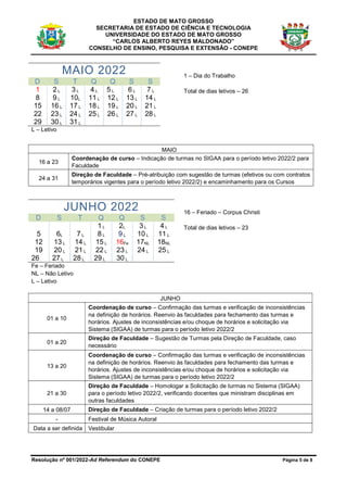 ESTADO DE MATO GROSSO
SECRETARIA DE ESTADO DE CIÊNCIA E TECNOLOGIA
UNIVERSIDADE DO ESTADO DE MATO GROSSO
“CARLOS ALBERTO REYES MALDONADO”
CONSELHO DE ENSINO, PESQUISA E EXTENSÃO - CONEPE
Resolução nº 001/2022-Ad Referendum do CONEPE Página 5 de 8
MAIO 2022
D S T Q Q S S
1 2 L 3 L 4 L 5 L 6 L 7 L
8 9 L 10L 11 L 12 L 13 L 14 L
15 16 L 17 L 18 L 19 L 20 L 21 L
22 23 L 24 L 25 L 26 L 27 L 28 L
29 30 L 31 L
1 – Dia do Trabalho
Total de dias letivos – 26
L – Letivo
MAIO
16 a 23
Coordenação de curso – Indicação de turmas no SIGAA para o período letivo 2022/2 para
Faculdade
24 a 31
Direção de Faculdade – Pré-atribuição com sugestão de turmas (efetivos ou com contratos
temporários vigentes para o período letivo 2022/2) e encaminhamento para os Cursos
JUNHO 2022
D S T Q Q S S
1 L 2L 3 L 4 L
5 6L 7 L 8 L 9 L 10 L 11 L
12 13 L 14 L 15 L 16Fe 17NL 18NL
19 20 L 21 L 22 L 23 L 24 L 25 L
26 27 L 28 L 29 L 30 L
Fe – Feriado
NL – Não Letivo
L – Letivo
16 – Feriado – Corpus Christi
Total de dias letivos – 23
JUNHO
01 a 10
Coordenação de curso – Confirmação das turmas e verificação de inconsistências
na definição de horários. Reenvio às faculdades para fechamento das turmas e
horários. Ajustes de inconsistências e/ou choque de horários e solicitação via
Sistema (SIGAA) de turmas para o período letivo 2022/2
01 a 20
Direção de Faculdade – Sugestão de Turmas pela Direção de Faculdade, caso
necessário
13 a 20
Coordenação de curso – Confirmação das turmas e verificação de inconsistências
na definição de horários. Reenvio às faculdades para fechamento das turmas e
horários. Ajustes de inconsistências e/ou choque de horários e solicitação via
Sistema (SIGAA) de turmas para o período letivo 2022/2
21 a 30
Direção de Faculdade – Homologar a Solicitação de turmas no Sistema (SIGAA)
para o período letivo 2022/2, verificando docentes que ministram disciplinas em
outras faculdades
14 a 08/07 Direção de Faculdade – Criação de turmas para o período letivo 2022/2
- Festival de Música Autoral
Data a ser definida Vestibular
 