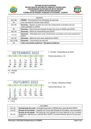 ESTADO DE MATO GROSSO
SECRETARIA DE ESTADO DE CIÊNCIA E TECNOLOGIA
UNIVERSIDADE DO ESTADO DE MATO GROSSO
“CARLOS ALBERTO REYES MALDONADO”
CONSELHO DE ENSINO, PESQUISA E EXTENSÃO - CONEPE
Resolução nº 001/2022-Ad Referendum do CONEPE Página 7 de 8
AGOSTO
04 A 06 PROEG – Processamento de solicitações de matrícula
08 Início das aulas do Período Letivo 2022/2
02 a 05 Docentes – Registro do plano de curso dos componentes curriculares sob sua
responsabilidade no SIGAA
05 Docentes – Data limite para inserção do plano de curso no SIGAA para 2022/2
08 a 24 Discentes – Matrícula extraordinária para 2022/2
17 e 18
Discentes – Solicitação para cursar componentes curriculares como aluno especial em
2022/2
22 e 23 Discentes – Matrícula como aluno especial em 2022/2
22 a 21/09 Discentes – Trancamento de matrícula
26 Toda comunidade acadêmica - Recepção Acadêmica
SETEMBRO 2022
D S T Q Q S S
1 L 2 L 3 L
4 5 L 6L 7Fe 8 L 9L 10 L
11 12 L 13 L 14 L 15 L 16 L 17 L
18 19 L 20 L 21 L 22 L 23 L 24 L
25 26 L 27 L 28 L 29 L 30 L
7 – Feriado - Independência do Brasil
Total de dias letivos – 25
Fe – Feriado
L – Letivo
OUTUBRO 2022
D S T Q Q S S
1L
2 3L 4L 5L 6 L 7 L 8 L
9 10 L 11 L 12Fe 13 L 14 L 15 L
16 17 L 18 L 19 L 20 L 21 L 22 L
23
30
24 L
31 L
25 L 26 L 27L 28NL 29NL
12 – Feriado - Padroeira do Brasil
Total de dias letivos – 25
Fe – Feriado
L – Letivo
OUTUBRO
13 a 18 Coordenação de curso – Indicação de turmas no SIGAA para o período letivo 2023/1
13 a 25 Direção de Faculdade – Sugestão de Turmas pela Direção de Faculdade, caso necessário
19 a 25
Direção de Faculdade – Pré-atribuição com sugestão de turmas (efetivos ou com contratos
temporários vigentes para o período letivo 2023/1) e encaminhamento para os Cursos para
2023/1
 