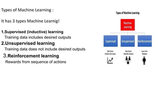 Types of Machine Learning :
It has 3 types Machine Learnig!
1.Supervised (inductive) learning
Training data includes desired outputs
2.Unsupervised learning
Training data does not include desired outputs
3.Reinforcement learning
Rewards from sequence of actions
 