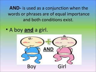 AND- is used as a conjunction when the
words or phrases are of equal importance
and both conditions exist.
• A boy and a girl.
Girl
AND
Boy
 