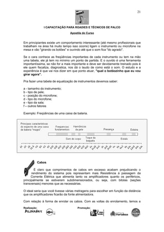I CAPACITAÇÃO PARA ROADIES E TÉCNICOS DE PALCO
Apostila do Curso
Em principiantes existe um comportamento interessante (até mesmo profissionais que
trabalham na área há muito tempo isso ocorre) ligam o instrumento ou microfone na
mesa e vão "girando os botões" e ouvindo até que o som fica "do agrado".
Se o cara conhece as freqüências importantes de cada instrumento ou tem na mão
uma tabela, ele já tem no mínimo um ponto de partida. E o ouvido é uma ferramenta
importantíssima, se não for a mais importante e deve ser devidamente treinado pois é
ele quem fiscaliza, diagnostica, nos dá o laudo de como está o som. O estudo e a
experiência é que vai nos dizer em que ponto atuar, "qual o botãozinho que eu vou
girar agora".
Pra fazer uma tabela de equalização de instrumentos devemos saber:
a - tamanho do instrumento;
b - tipo de pele;
c - posição do microfone;
d - tipo do microfone;
e - tipo da sala;
f – outros fatores
Exemplo: Freqüências de uma caixa de bateria.
Cabos
É claro que comprimentos de cabos em excesso acabam prejudicando o
rendimento do sistema pois representam mais Resistência à passagem da
Corrente Elétrica que alimenta tanto os amplificadores quanto os periféricos,
principalmente se estiverem subdimensionados, ou seja, com bitolas (seções
transversais) menores que as necessárias.
O ideal seria que você tivesse várias metragens para escolher em função da distância
que os amplificadores ficarão da fonte alimentadora.
Com relação à forma de enrolar os cabos. Com as voltas do enrolamento, temos a
Realização: Promoção:
21
 