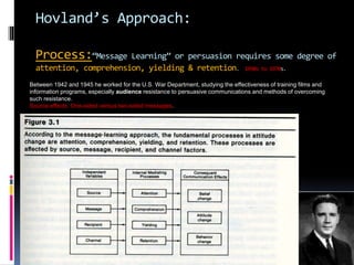 Hovland’s Approach:
Process:“Message Learning” or persuasion requires some degree of
attention, comprehension, yielding & retention. 1950s to 1970s.
Between 1942 and 1945 he worked for the U.S. War Department, studying the effectiveness of training films and
information programs, especially audience resistance to persuasive communications and methods of overcoming
such resistance.
Source effects. One-sided versus two-sided messages.
 