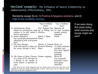 Hovland example: The Influence of Source Credibility on
Communication Effectiveness, 1951.
Randomly assign Ss to: 1) Positive & Negative positions, and 2)
High & low credibility sources.
If we were doing
this study today,
what sources and
issues might we
use?
 