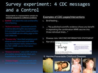 Survey experiment: 4 CDC messages
and a Control
1. Control: text about the costs and benefits
of bird feeding.
2. “Autism correction,” presented scientific
evidence debunking the vaccine/autism
link using language drawn nearly verbatim
from the MMR vaccine safety page on the
CDC’sWeb site.
3. “Disease risks,” described symptoms and
adverse events associated with MMR
using text adapted nearly verbatim from
the CDC’s MMR vaccine information
statement.
4. “Disease narrative,” uses a CDC narrative
of a mother recounting her infant son’s
hospitalization with measles.44
5. “Disease images,” presents parents with
pictures of a child who has each disease.
1. Bird feeding…
2. …“No published scientific evidence shows any benefit
in separating the combination MMR vaccine into
three individual shots…”
3. Disease risks:VACCINE INFORMATION STATEMENT
4. Narrative
5. Vaccine Preventable Childhood Diseases
Respondents in a representative sample are
randomly assigned to 5 different conditions Examples of CDC pages/Interventions
 