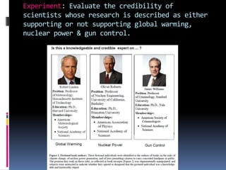 Experiment: Evaluate the credibility of
scientists whose research is described as either
supporting or not supporting global warming,
nuclear power & gun control.
 