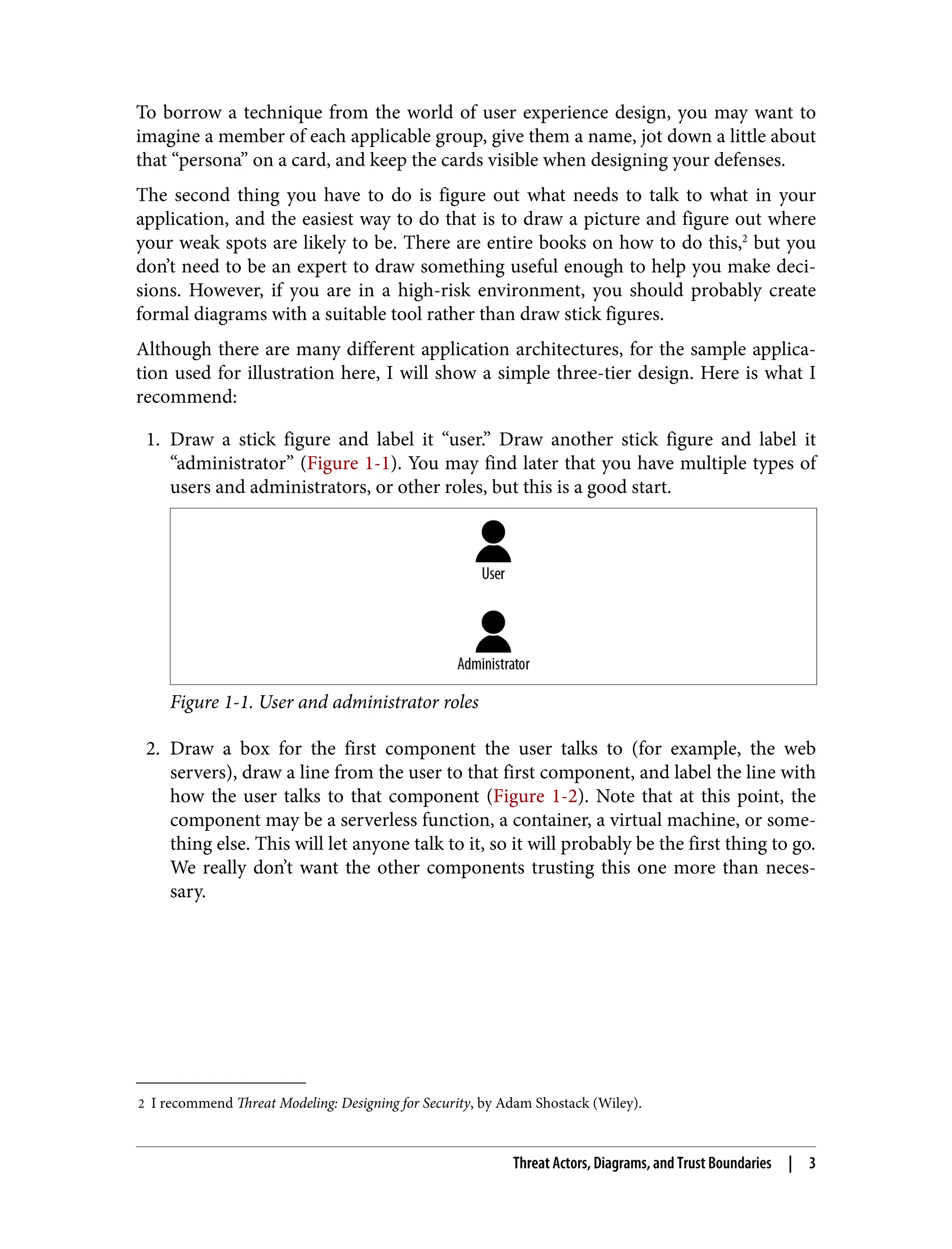 2 I recommend Threat Modeling: Designing for Security, by Adam Shostack (Wiley).
To borrow a technique from the world of user experience design, you may want to
imagine a member of each applicable group, give them a name, jot down a little about
that “persona” on a card, and keep the cards visible when designing your defenses.
The second thing you have to do is figure out what needs to talk to what in your
application, and the easiest way to do that is to draw a picture and figure out where
your weak spots are likely to be. There are entire books on how to do this,2
but you
don’t need to be an expert to draw something useful enough to help you make deci‐
sions. However, if you are in a high-risk environment, you should probably create
formal diagrams with a suitable tool rather than draw stick figures.
Although there are many different application architectures, for the sample applica‐
tion used for illustration here, I will show a simple three-tier design. Here is what I
recommend:
1. Draw a stick figure and label it “user.” Draw another stick figure and label it
“administrator” (Figure 1-1). You may find later that you have multiple types of
users and administrators, or other roles, but this is a good start.
Figure 1-1. User and administrator roles
2. Draw a box for the first component the user talks to (for example, the web
servers), draw a line from the user to that first component, and label the line with
how the user talks to that component (Figure 1-2). Note that at this point, the
component may be a serverless function, a container, a virtual machine, or some‐
thing else. This will let anyone talk to it, so it will probably be the first thing to go.
We really don’t want the other components trusting this one more than neces‐
sary.
Threat Actors, Diagrams, and Trust Boundaries | 3
 