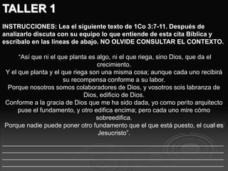 TALLER 1
INSTRUCCIONES: Lea el siguiente texto de 1Co 3:7-11. Después de
analizarlo discuta con su equipo lo que entiende de esta cita Bíblica y
escríbalo en las líneas de abajo. NO OLVIDE CONSULTAR EL CONTEXTO.
“Así que ni el que planta es algo, ni el que riega, sino Dios, que da el
crecimiento.
Y el que planta y el que riega son una misma cosa; aunque cada uno recibirá
su recompensa conforme a su labor.
Porque nosotros somos colaboradores de Dios, y vosotros sois labranza de
Dios, edificio de Dios.
Conforme a la gracia de Dios que me ha sido dada, yo como perito arquitecto
puse el fundamento, y otro edifica encima; pero cada uno mire cómo
sobreedifica.
Porque nadie puede poner otro fundamento que el que está puesto, el cual es
Jesucristo”.
______________________________________________________________________
______________________________________________________________________
______________________________________________________________________
______________________________________________________________________
 
