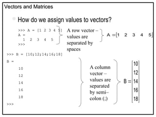 Vectors and Matrices
Vectors and Matrices

















18
16
14
12
10
B
How do we assign values to vectors?
>>> A = [1 2 3 4 5]
A =
1 2 3 4 5
>>>
>>> B = [10;12;14;16;18]
B =
10
12
14
16
18
>>>
A row vector –
values are
separated by
spaces
A column
vector –
values are
separated
by semi–
colon (;)
 
5
4
3
2
1
A 
 
