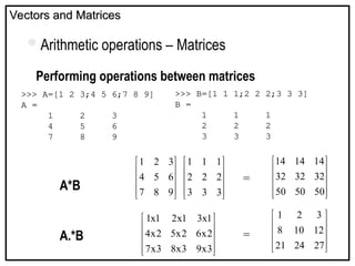 Vectors and Matrices
Vectors and Matrices
Arithmetic operations – Matrices
Performing operations between matrices
>>> A=[1 2 3;4 5 6;7 8 9]
A =
1 2 3
4 5 6
7 8 9
>>> B=[1 1 1;2 2 2;3 3 3]
B =
1 1 1
2 2 2
3 3 3
A*B 



















3
3
3
2
2
2
1
1
1
9
8
7
6
5
4
3
2
1
A.*B










3
x
9
3
x
8
3
x
7
2
x
6
2
x
5
2
x
4
1
x
3
1
x
2
1
x
1










27
24
21
12
10
8
3
2
1
=
=










50
50
50
32
32
32
14
14
14
 