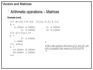 Example (cont)
Vectors and Matrices
Vectors and Matrices
Arithmetic operations – Matrices
>>> A=[(0.1+0.2j) -0.2j;-0.2j 0.1j]
A =
0.1000+ 0.2000i 0- 0.2000i
0- 0.2000i 0+ 0.1000i
>>> y=[-2j;1.5]
y =
0- 2.0000i
1.5000
>>> x=Ay
x =
14.0000+ 8.0000i
28.0000+ 1.0000i
>>>
*
AB is the matrix division of A into B, wh
ich is roughly the same as INV(A)*B
*
 