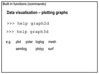 Built in functions (commands)
Built in functions (commands)
Data visualisation – plotting graphs
>>> help graph2d
>>> help graph3d
e.g. plot polar loglog mesh
semilog plotyy surf
 