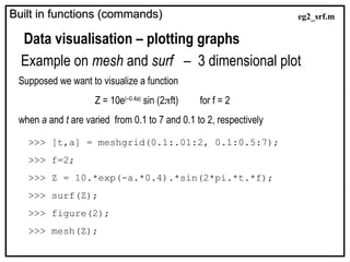 Built in functions (commands)
Built in functions (commands)
Data visualisation – plotting graphs
Example on mesh and surf – 3 dimensional plot
>>> [t,a] = meshgrid(0.1:.01:2, 0.1:0.5:7);
>>> f=2;
>>> Z = 10.*exp(-a.*0.4).*sin(2*pi.*t.*f);
>>> surf(Z);
>>> figure(2);
>>> mesh(Z);
Supposed we want to visualize a function
Z = 10e(–0.4a)
sin (2ft) for f = 2
when a and t are varied from 0.1 to 7 and 0.1 to 2, respectively
eg2_srf.m
 