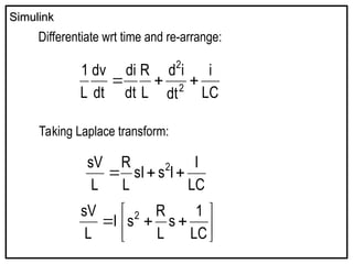Simulink
Simulink
LC
i
dt
i
d
L
R
dt
di
dt
dv
L
1
2
2



Differentiate wrt time and re-arrange:
Taking Laplace transform:
LC
I
I
s
sI
L
R
L
sV 2












LC
1
s
L
R
s
I
L
sV 2
 