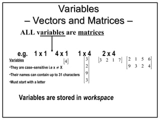 Variables
Variables
– Vectors and Matrices –
– Vectors and Matrices –
ALL variables are matrices
Variables
•They are case–sensitive i.e x  X
•Their names can contain up to 31 characters
•Must start with a letter
Variables are stored in workspace
e.g. 1 x 1 4 x 1 1 x 4 2 x 4






4
2
3
9
6
5
1
2
 
7
1
2
3












3
9
2
3
 
4
 