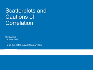 © 2006 Hewlett-Packard Development Company, L.P.
The information contained herein is subject to change without notice
Oleg Janke
25-June-2012
Tip of the hat to Kevin Kacmarynski
Scatterplots and
Cautions of
Correlation
 