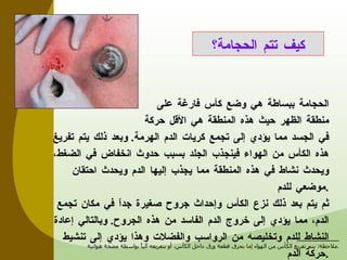 الحجامة ببساطة هي وضع كأس فارغة على منطقة الظهر حيث هذه المنطقة هي الأقل حركة في الجسد مما يؤدي إلى تجمع كريات الدم الهرمة .  وبعد ذلك يتم تفريغ هذه الكأس  من الهواء فينجذب الجلد بسبب حدوث انخفاض في الضغط، ويحدث نشاط في هذه المنطقة مما يجذب إليها الدم ويحدث احتقان موضعي للدم . ثم يتم بعد ذلك نزع الكأس وإحداث جروح صغيرة جداً في مكان تجمع الدم، مما يؤدي إلى خروج الدم الفاسد من هذه الجروح .  وبالتالي إعادة النشاط للدم وتخليصه من الرواسب والفضلات وهذا يؤدي إلى تنشيط حركة الدم . كيف تتم الحجامة؟ ــــــــــــــــــــــــــــ ملاحظة :   يتم تفريغ الكأس من الهواء إما بحرق قطعة ورق داخل الكأس، أو بتفريغه آلياً بواسطة مضخة هوائية . 