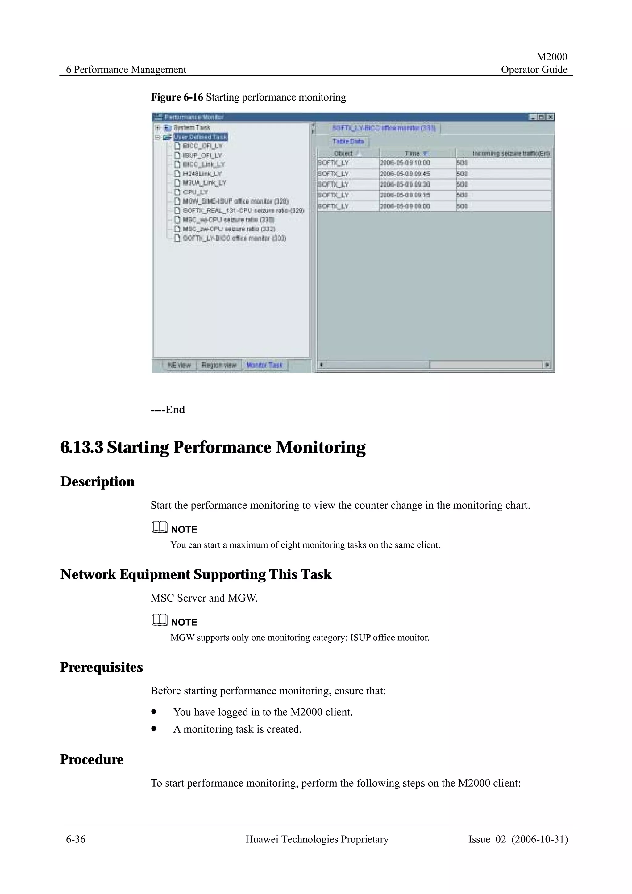 M2000
6 Performance Management                                                                          Operator Guide

                Figure 6-16 Starting performance monitoring




                ----End


6.13.3 Starting Performance Monitoring
Description
                Start the performance monitoring to view the counter change in the monitoring chart.


                    You can start a maximum of eight monitoring tasks on the same client.


Network Equipment Supporting This Task
                MSC Server and MGW.


                    MGW supports only one monitoring category: ISUP office monitor.


Prerequisites
                Before starting performance monitoring, ensure that:
                !    You have logged in to the M2000 client.
                !    A monitoring task is created.

Procedure
                To start performance monitoring, perform the following steps on the M2000 client:




6-36                                   Huawei Technologies Proprietary                      Issue 02 (2006-10-31)
 