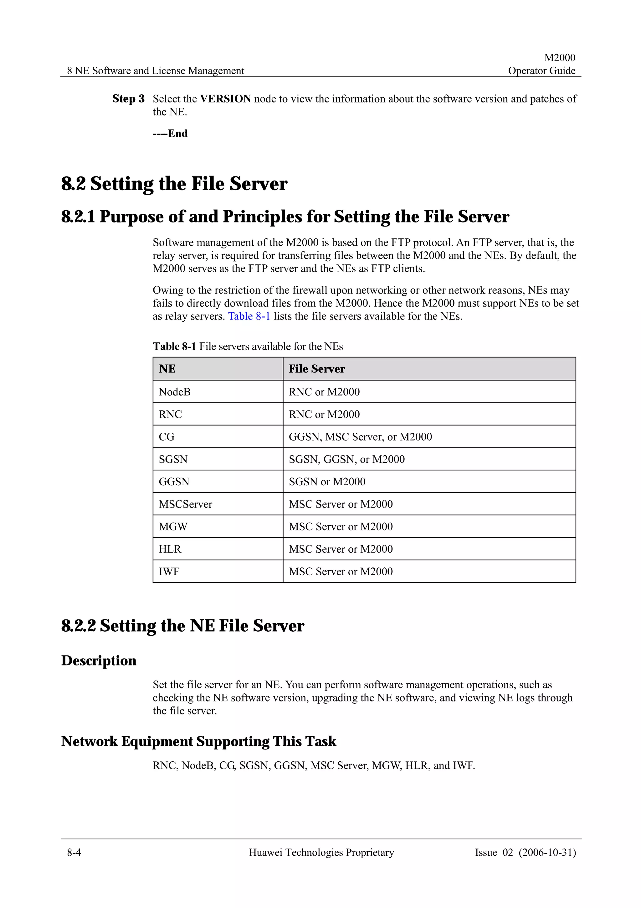 M2000
8 NE Software and License Management                                                            Operator Guide

         Step 3 Select the VERSION node to view the information about the software version and patches of
                the NE.
                 ----End



8.2 Setting the File Server
8.2.1 Purpose of and Principles for Setting the File Server
                 Software management of the M2000 is based on the FTP protocol. An FTP server, that is, the
                 relay server, is required for transferring files between the M2000 and the NEs. By default, the
                 M2000 serves as the FTP server and the NEs as FTP clients.
                 Owing to the restriction of the firewall upon networking or other network reasons, NEs may
                 fails to directly download files from the M2000. Hence the M2000 must support NEs to be set
                 as relay servers. Table 8-1 lists the file servers available for the NEs.

                 Table 8-1 File servers available for the NEs
                  NE                            File Server

                  NodeB                         RNC or M2000
                  RNC                           RNC or M2000
                  CG                            GGSN, MSC Server, or M2000
                  SGSN                          SGSN, GGSN, or M2000
                  GGSN                          SGSN or M2000
                  MSCServer                     MSC Server or M2000
                  MGW                           MSC Server or M2000
                  HLR                           MSC Server or M2000
                  IWF                           MSC Server or M2000



8.2.2 Setting the NE File Server
Description
                 Set the file server for an NE. You can perform software management operations, such as
                 checking the NE software version, upgrading the NE software, and viewing NE logs through
                 the file server.

Network Equipment Supporting This Task
                 RNC, NodeB, CG, SGSN, GGSN, MSC Server, MGW, HLR, and IWF.




8-4                                    Huawei Technologies Proprietary                   Issue 02 (2006-10-31)
 