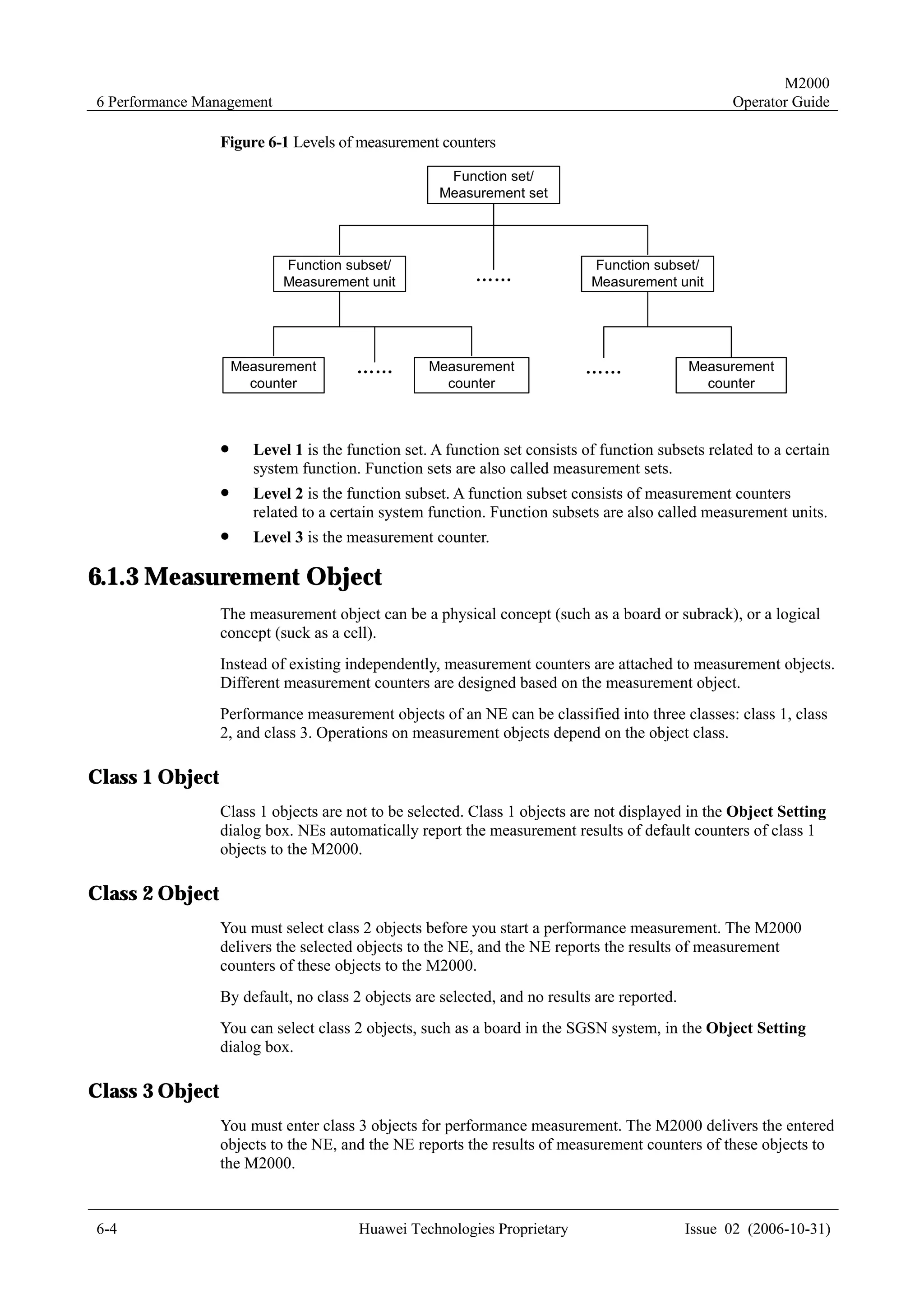 M2000
6 Performance Management                                                                            Operator Guide

                 Figure 6-1 Levels of measurement counters

                                                      Function set/
                                                     Measurement set




                           Function subset/                                  Function subset/
                           Measurement unit               ……                 Measurement unit




                     Measurement                   Measurement                               Measurement
                                       ……                                   ……
                       counter                       counter                                   counter



                 !     Level 1 is the function set. A function set consists of function subsets related to a certain
                       system function. Function sets are also called measurement sets.
                 !     Level 2 is the function subset. A function subset consists of measurement counters
                       related to a certain system function. Function subsets are also called measurement units.
                 !     Level 3 is the measurement counter.

6.1.3 Measurement Object
                 The measurement object can be a physical concept (such as a board or subrack), or a logical
                 concept (suck as a cell).
                 Instead of existing independently, measurement counters are attached to measurement objects.
                 Different measurement counters are designed based on the measurement object.
                 Performance measurement objects of an NE can be classified into three classes: class 1, class
                 2, and class 3. Operations on measurement objects depend on the object class.

Class 1 Object
                 Class 1 objects are not to be selected. Class 1 objects are not displayed in the Object Setting
                 dialog box. NEs automatically report the measurement results of default counters of class 1
                 objects to the M2000.

Class 2 Object
                 You must select class 2 objects before you start a performance measurement. The M2000
                 delivers the selected objects to the NE, and the NE reports the results of measurement
                 counters of these objects to the M2000.
                 By default, no class 2 objects are selected, and no results are reported.
                 You can select class 2 objects, such as a board in the SGSN system, in the Object Setting
                 dialog box.

Class 3 Object
                 You must enter class 3 objects for performance measurement. The M2000 delivers the entered
                 objects to the NE, and the NE reports the results of measurement counters of these objects to
                 the M2000.



6-4                                     Huawei Technologies Proprietary                      Issue 02 (2006-10-31)
 