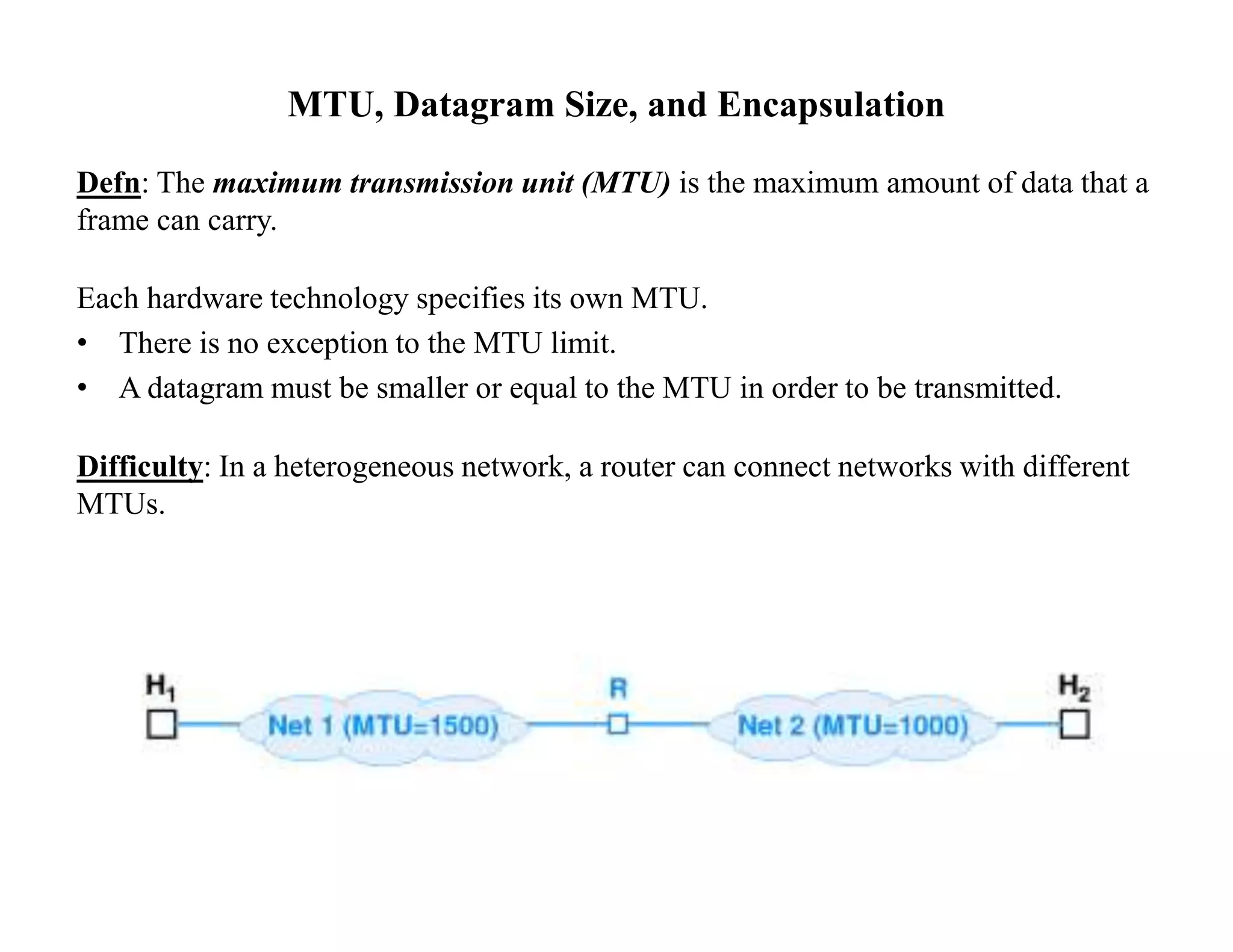 MTU, Datagram Size, and Encapsulation
Defn: The maximum transmission unit (MTU) is the maximum amount of data that a
frame can carry.
Each hardware technology specifies its own MTU.
• There is no exception to the MTU limit.
• A datagram must be smaller or equal to the MTU in order to be transmitted.
Difficulty: In a heterogeneous network, a router can connect networks with different
MTUs.
 
