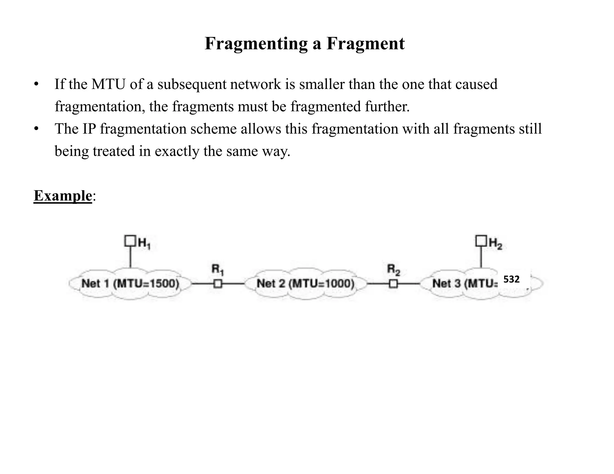 Fragmenting a Fragment
• If the MTU of a subsequent network is smaller than the one that caused
fragmentation, the fragments must be fragmented further.
• The IP fragmentation scheme allows this fragmentation with all fragments still
being treated in exactly the same way.
Example:
532
 