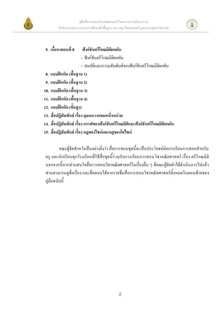 คู่มือสื่อการสอนวิชาคณิตศาสตร์ โดยความร่วมมือระหว่าง
        สานักงานคณะกรรมการการศึกษาขั้นพื้นฐาน และ คณะวิทยาศาสตร์ จุฬาลงกรณ์มหาวิทยาลัย



9. เนื้อหาตอนที่ 8        ฟังก์ชันตรีโกณมิติผกผัน
                         - ฟังก์ชันตรีโกณมิติผกผัน
                         - สมบัติและความสัมพันธ์ของฟังก์ชันตรีโกณมิติผกผัน
 8. แบบฝึกหัด (พื้นฐาน 1)
 9. แบบฝึกหัด (พื้นฐาน 2)
10. แบบฝึกหัด (พื้นฐาน 3)
11. แบบฝึกหัด (พื้นฐาน 4)
12. แบบฝึกหัด (ขั้นสูง)
13. สื่อปฏิสัมพันธ์ เรื่อง มุมบนวงกลมหนึ่งหน่วย
14. สื่อปฏิสัมพันธ์ เรื่อง กราฟของฟังก์ชันตรีโกณมิติและฟังก์ชันตรีโกณมิติผกผัน
15. สื่อปฏิสัมพันธ์ เรื่อง กฎของไซน์และกฎของโคไซน์

         คณะผู้จัดทาหวังเป็นอย่างยิ่งว่า สื่อการสอนชุดนี้จะเป็นประโยชน์ต่อการเรียนการสอนสาหรับ
ครู และนักเรียนทุกโรงเรียนที่ใช้สื่อชุดนี้ร่วมกับการเรียนการสอนวิชาคณิตศาสตร์ เรื่อง ตรีโกณมิติ
นอกจากนี้หากท่านสนใจสื่อการสอนวิชาคณิตศาสตร์ในเรื่องอื่น ๆ ที่คณะผู้จัดทาได้ดาเนินการไปแล้ว
ท่านสามารถดูชื่อเรื่อง และชื่อตอนได้จากรายชื่อสื่อการสอนวิชาคณิตศาสตร์ทั้งหมดในตอนท้า ยของ
คู่มือฉบับนี้




                                                  2
 
