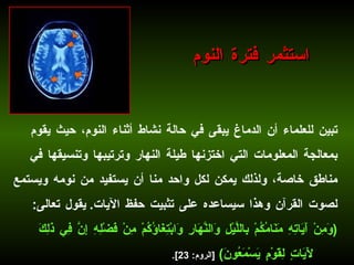 تبين للعلماء أن الدماغ يبقى في حالة نشاط أثناء النوم، حيث يقوم بمعالجة المعلومات التي اختزنها طيلة النهار وترتيبها وتنسيقها في مناطق خاصة، ولذلك يمكن لكل واحد منا أن يستفيد من نومه ويستمع لصوت القرآن وهذا سيساعده على تثبيت حفظ الآيات .  يقول تعالى :  ( وَمِنْ آَيَاتِهِ مَنَامُكُمْ بِاللَّيْلِ وَالنَّهَارِ وَابْتِغَاؤُكُمْ مِنْ فَضْلِهِ إِنَّ فِي ذَلِكَ لَآَيَاتٍ لِقَوْمٍ يَسْمَعُونَ )   [ الروم : 23].   استثمر فترة النوم 