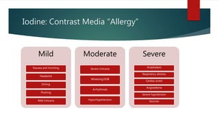 Iodine: Contrast Media “Allergy”
Mild
Nausea and Vomiting
Headache
Itching
Flushing
Mild Urticaria
Moderate
Severe Urticaria
Wheezing/SOB
Arrhythmias
Hypo/Hypertension
Severe
Anaphylaxis
Respiratory distress
Cardiac arrest
Angioedema
Severe hypotension
Seizures
 