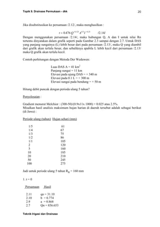 Topik 9. Drainase Permukaan - dkk
Teknik Irigasi dan Drainase
20
Jika disubstitusikan ke persamaan /2.12/, maka menghasilkan :
t Q A I= − −
0 476 0 125 0 5 0 25
. . . .
/2.14/
Dengan menggunakan persamaan /2.14/, maka hubungan Q, A dan I untuk nilai Rn
tertentu dinyatakan dalam grafik seperti pada Gambar 2.3 sampai dengan 2.7. Untuk DAS
yang panjang sungainya (L) lebih besar dari pada persamaan /2.13/, maka Q yang diambil
dari grafik akan terlalu besar, dan sebaliknya apabila L lebih kecil dari persamaan /2.13/
maka Q grafik akan terlalu kecil.
Contoh perhitungan dengan Metoda Der Weduwen:
Luas DAS A = 41 km2
Panjang sungai = 11 km
Elevasi pada ujung DAS = + 340 m
Elevasi pada 0.1 L = + 300 m
Elevasi sungai pada bendung = + 50 m
Hitung debit puncak dengan perioda ulang 5 tahun?
Penyelesaian :
Gradient menurut Melchior : (300-50)/(0.9x11x 1000) = 0.025 atau 2.5%.
Misalkan hasil analisis maksimum hujan harian di daerah tersebut adalah sebagai berikut
(di Jawa) :
Periode ulang (tahun) Hujan sehari (mm)
1/5 61
1/4 67
1/3 75
1/2 86
1/1 105
2 120
5 160
10 185
20 210
50 245
100 275
Jadi untuk periode ulang 5 tahun Rn = 160 mm
1. t = 0
Persamaan Hasil
2.11 qn = 31.10
2.10 b = 0.774
2.9 a = 0.868
2.7 Qn = 856.653
 