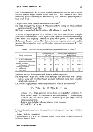 Topik 9. Drainase Permukaan - dkk
Teknik Irigasi dan Drainase
28
masa berbunga (panicle). Secara umum dapat dikatakan apabila tanaman padi tergenang
melebihi saparoh tinggi tanaman selama lebih dari 3 hari berturutan maka akan
mengurangi produksi secara nyata. Apabila kurang dari 3 hari maka pengurangan hasil
tidak begitu nyata.
Sebagai standar untuk perencanaan drainase tanaman padi
6
:
(1) Tinggi genangan yang diijinkan di petakan sawah harus kurang dari 30 cm dan lama
genangan tidak lebih dari 3 hari
(2) Tinggi genangan lebih dari 30 cm harus tidak lebih dari 24 jam (1 hari)
Kelebihan genangan di petakan sawah disebabkan oleh: hujan lebat, limpasan air irigasi
atau drainase, rembesan dari saluran irigasi. Untuk keperluan drainase tanaman lainnya
yakni nenas dan singkong berdasarkan pengalaman petani di Anjir Basarang
(Kalimantan Tengah) menunjukkan bahwa tanaman singkong akan mati apabila
terendam 1 hari, sedangkan nenas masih bertahan walaupun tergenang selama 2 - 3 hari
berturutan.
Tabel 3.1. Taksiran kerusakan padi akibat genangan air berlebihan di Jepang 7
Pengurangan Hasil (%) menurut Lama Hari Genangan
Tahap Pertumbuhan Air Jernih Air Berlumpur
1 - 2 3 - 4 5 – 7 > 7 1 - 2 3 - 4 5 - 7 > 7
• 20 hari setelah tanam
• Pembentukan malai muda,
sebagian terrendam
• Pembentukan malai muda,
seluruhnya terendam
• Pembuahan
• Pemasakan
10
10
25
15
10
20
0
45
25
15
30
65
80
30
20
35
90-100
80-100
70
20
-
20
70
30
5
-
50
80
80
20
-
85
85
90
30
-
90-100
90-100
100
30
Penentuan modulus drainase untuk padi dapat dilakukan dengan cara :
(1) Memplotkan hujan maksimum untuk beberapa hari berturutan pada berbagai
periode ulang dan penentuan tinggi genangan maksimum yang masih diijinkan
seperti pada Gambar 3.1.
(2) Simulasi tinggi genangan harian dengan neraca air harian di petakan sawah
8.
WLi = WLi-1 + Ri + IRi + Qini - Pi - ETi - Qoi
di mana : WLi : tinggi genangan air di petakan sawah pada hari ke i (mm); Ri:
hujan hari ke i (mm); Qin : limpasan dari petakan lain (mm); IR: air irigasi yang
diberikan (mm); P: perkolasi (mm); ET: evapotranspirasi (mm); Qo : drainase
yang dilakukan (mm).
Kriteria yang dilakukan dalam perhitungan tinggi genangan :
(i) Untuk WLi ≥ WLMAX :
6 Sumber : Design Drainage Project, Ciujung Sub Project, Final Report vol.1 Main Report, PROSIDA,
May 1981
7 Sumber : Fukuda dan Tsutsui (1968)
8 Skripsi Muchtadi F 24.0075, 1992. Penentuan Modulus Drainase untuk Padi Sawah Berdasarkan
Perhitungan Neraca Air Harian
 