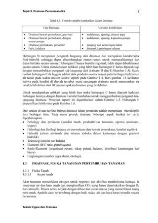 Topik 9. Drainase Permukaan-dkk
Teknik Irigasi dan Drainase
3
Tabel 1.1. Contoh variable keteknikan dalam drainase
Tipe Drainase Variabel keteknikan
• Drainase bawah permukaan, gravitasi
• Drainase bawah permukaan, dengan
sumur pompa
• Drainase permukaan, preventif
• Parit, kolektor
• kedalaman, spasing, ukuran pipa
• kedalaman, spasing, kapasitas pompa
• panjang dan kemiringan lahan
• dimensi, kemiringan saluran
Hubungan B merupakan pengaruh langsung dari drainase dan merupakan karaktersitik
fisik-hidrolik sehingga dapat dikembangkan rumus-rumus untuk memecahkannya dan
dapat berlaku secara umum. Hubungan C hanya bersifat regional, tidak dapat diberlakukan
secara umum. Untuk mendapatkan aplikasi yang lebih luas hubungan C harus dipecah lagi
dengan menambahkan pengaruh tak-langsung dari drainase D dan E (Gambar 1.5). Suatu
contoh hubungan C di Inggris adalah data produksi winter wheat pada berbagai kedalaman
air tanah pada waktu musim winter seperti pada Gambar 1.4. Dari gambar 1.4 kelihatan
bahwa pada kondisi di daerah tersebut suatu rancangan drainase untuk menurunkan air
tanah lebih dalam dari 60 cm merupakan drainase yang berlebihan.
Untuk mendapatkan aplikasi yang lebih luas maka hubungan C harus dipecah kedalam
hubungan lainnya dengan bantuan variabel tambahan untuk menggambarkan pengaruh tak-
langsung drainase. Prosedur seperti ini digambarkan dalam Gambar 1.5. Hubungan E
dispesifikasi lebih rinci pada Gambar 1.6.
Dari uraian di atas terlihat bahwa drainase lahan pertanian adalah merupakan interdisiplin
dari berbagai ilmu. Pada suatu proyek drainase beberapa aspek berikut ini perlu
diperhitungkan :
• Pedology dan pertanian (kondisi tanah, produktivitas tanaman, operasi usahatani,
irigasi)
• Hidrologi dan Geologi (neraca air permukaan dan bawah permukaan, kondisi aquifer)
• Hidrolik (aliran air-tanah dan saluran terbuka dalam kaitannya dengan gradient
hidrolik)
• Teknologi (mesin dan bahan)
• Ekonomi (B/C ratio, pembiayaan)
• Sosio-Ekonomi (organisasi petani, sikap petani, hukum, distribusi keuntungan dan
biaya)
• Lingkungan (sumber daya alami, ekologi).
1.3 DRAINASE, FISIKA TANAH DAN PERTUMBUHAN TANAMAN
1.3.1 Fisika Tanah
1.3.1.1 Aerasi tanah
Akar tanaman memerlukan oksigen untuk respirasi dan aktifitas metabolisma lainnya. Ia
menyerap air dan hara tanah dan menghasilkan CO2 yang harus dipertukarkan dengan O2
dari atmosfir. Proses aerasi terjadi dengan difusi dan aliran massa yang memerlukan ruang
pori tanah. Apabila akar berkembang dengan baik maka air dan hara harus tersedia secara
bersamaan.
 