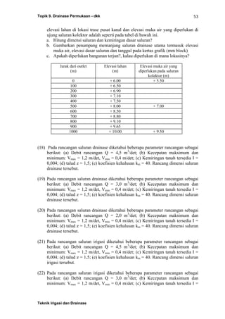 Topik 9. Drainase Permukaan - dkk
Teknik Irigasi dan Drainase
53
elevasi lahan di lokasi trase pusat kanal dan elevasi muka air yang diperlukan di
ujung saluran kolektor adalah seperti pada tabel di bawah ini.
a. Hitung dimensi saluran dan kemiringan dasar saluran?
b. Gambarkan penampang memanjang saluran drainase utama termasuk elevasi
muka air, elevasi dasar saluran dan tanggul pada kertas grafik (mm block)
c. Apakah diperlukan bangunan terjun?, kalau diperlukan di mana lokasinya?
Jarak dari outlet
(m)
Elevasi lahan
(m)
Elevasi muka air yang
diperlukan pada saluran
kolektor (m)
0 + 6.00 + 5.50
100 + 6.50
200 + 6.90
300 + 7.10
400 + 7.50
500 + 8.00 + 7.00
600 + 8.50
700 + 8.80
800 + 9.10
900 + 9.65
1000 + 10.00 + 9.50
(18) Pada rancangan saluran drainase diketahui beberapa parameter rancangan sebagai
berikut: (a) Debit rancangan Q = 4,5 m3
/det; (b) Kecepatan maksimum dan
minimum: Vmax = 1,2 m/det, Vmin = 0,4 m/det; (c) Kemiringan tanah tersedia I =
0,004; (d) talud z = 1,5; (e) koefisien kehalusan km = 40. Rancang dimensi saluran
drainase tersebut.
(19) Pada rancangan saluran drainase diketahui beberapa parameter rancangan sebagai
berikut: (a) Debit rancangan Q = 3,0 m3
/det; (b) Kecepatan maksimum dan
minimum: Vmax = 1,2 m/det, Vmin = 0,4 m/det; (c) Kemiringan tanah tersedia I =
0,004; (d) talud z = 1,5; (e) koefisien kehalusan km = 40. Rancang dimensi saluran
drainase tersebut.
(20) Pada rancangan saluran drainase diketahui beberapa parameter rancangan sebagai
berikut: (a) Debit rancangan Q = 2,0 m3
/det; (b) Kecepatan maksimum dan
minimum: Vmax = 1,2 m/det, Vmin = 0,4 m/det; (c) Kemiringan tanah tersedia I =
0,004; (d) talud z = 1,5; (e) koefisien kehalusan km = 40. Rancang dimensi saluran
drainase tersebut.
(21) Pada rancangan saluran irigasi diketahui beberapa parameter rancangan sebagai
berikut: (a) Debit rancangan Q = 4,5 m3
/det; (b) Kecepatan maksimum dan
minimum: Vmax = 1,2 m/det, Vmin = 0,4 m/det; (c) Kemiringan tanah tersedia I =
0,004; (d) talud z = 1,5; (e) koefisien kehalusan km = 40. Rancang dimensi saluran
irigasi tersebut.
(22) Pada rancangan saluran irigasi diketahui beberapa parameter rancangan sebagai
berikut: (a) Debit rancangan Q = 3,0 m3
/det; (b) Kecepatan maksimum dan
minimum: Vmax = 1,2 m/det, Vmin = 0,4 m/det; (c) Kemiringan tanah tersedia I =
 