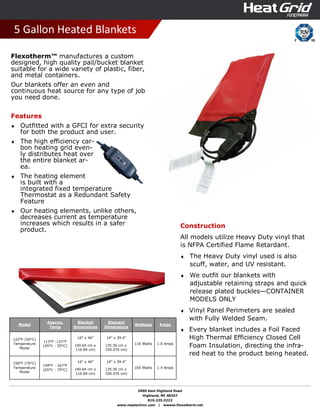 2000 East Highland Road
Highland, MI 48357
810.225.2222
www.neptechinc.com | wwww.flexotherm.net
5 Gallon Heated Blankets
Construction
All models utilize Heavy Duty vinyl that
is NFPA Certified Flame Retardant.
♦ The Heavy Duty vinyl used is also
scuff, water, and UV resistant.
♦ We outfit our blankets with
adjustable retaining straps and quick
release plated buckles—CONTAINER
MODELS ONLY
♦ Vinyl Panel Perimeters are sealed
with Fully Welded Seam.
♦ Every blanket includes a Foil Faced
High Thermal Efficiency Closed Cell
Foam Insulation, directing the infra-
red heat to the product being heated.
Model
Approx.
Temp
Blanket
Dimensions
Element
Dimensions
Wattage Amps
122°F (50°C)
Temperature
Model
113°F -131°F
(45°C - 55°C)
16” x 46”
(40.64 cm x
116.84 cm)
14” x 39.4”
(35.56 cm x
100.076 cm)
116 Watts 1.0 Amps
158°F (70°C)
Temperature
Model
149°F - 167°F
(65°C - 75°C)
16” x 46”
(40.64 cm x
116.84 cm)
14” x 39.4”
(35.56 cm x
100.076 cm)
165 Watts 1.4 Amps
Flexotherm™ manufactures a custom
designed, high quality pail/bucket blanket
suitable for a wide variety of plastic, fiber,
and metal containers.
Our blankets offer an even and
continuous heat source for any type of job
you need done.
Features
♦ Outfitted with a GFCI for extra security
for both the product and user.
♦ The high efficiency car-
bon heating grid even-
ly distributes heat over
the entire blanket ar-
ea.
♦ The heating element
is built with a
integrated fixed temperature
Thermostat as a Redundant Safety
Feature
♦ Our heating elements, unlike others,
decreases current as temperature
increases which results in a safer
product.
 