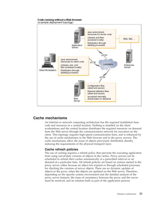 Cache mechanisms
An Internet or network computing architecture has the required installation base
code and resources in a central location. Nothing is installed on the client
workstations and the central location distributes the required resources on demand
from the Web server through the communications network for execution on the
client. This topology requires high-speed communication lines, and is enhanced by
the use of cache mechanisms in the Web browser and in the proxy servers. The
cache mechanisms allow the reuse of objects previously distributed, thereby
reducing the requirements of the physical transport layer.
Cache refresh policies
The use of caching requires a refresh policy that prevents the executing application
from using out-of-date versions of objects in the caches. Proxy servers can be
scheduled to refresh their caches automatically at a prescribed interval or on
demand at a particular time. All refresh policies are based on actions started in the
proxy server, either because an object has expired or through scheduled processes
for checking the versions of server objects. There are no dynamic updates of
objects in the proxy when the objects are updated on the Web server. Therefore,
depending on the specific system environment and the detailed analysis of the
proxy server features, the issue of consistency between the proxy and the server
must be resolved, and its solution built as part of the application process.
Solution architecture 23
 
