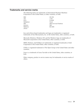 Trademarks and service marks
The following terms are trademarks of International Business Machines
Corporation in the United States, or other countries, or both:
IBM OS/390
AIX z/OS
CICS LANDP
WebSphere Tivoli
DB2 DB2 Universal Database
Informix IMS
MQSeries RS/6000
zSeries
Java and all Java-based trademarks and logos are trademarks or registered
trademarks of Sun Microsystems, Inc. in the United States, other countries, or both.
Microsoft, Windows, Windows NT, and the Windows logo are trademarks of
Microsoft Corporation in the United States, other countries, or both.
MMX, Pentium, and ProShare are trademarks or registered trademarks of Intel
Corporation in the United States, other countries, or both.
UNIX is a registered trademark of The Open Group in the United States and other
countries.
Linux is a trademark of Linus Torvalds in the United States, other countries, or
both.
Other company, product or service names may be trademarks or service marks of
others.
Notices 29
 