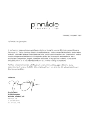 Pinnacle Recovery, Inc Letter of Recommendation