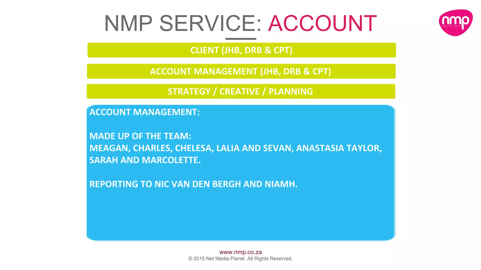 www.nmp.co.za
© 2015 Net Media Planet. All Rights Reserved.
ACCOUNT MANAGEMENT:
MADE UP OF THE TEAM:
MEAGAN, CHARLES, CHELESA, LALIA AND SEVAN, ANASTASIA TAYLOR,
SARAH AND MARCOLETTE.
REPORTING TO NIC VAN DEN BERGH AND NIAMH.
STRATEGY / CREATIVE / PLANNING
CLIENT (JHB, DRB & CPT)
ACCOUNT MANAGEMENT (JHB, DRB & CPT)
NMP SERVICE: ACCOUNT
 