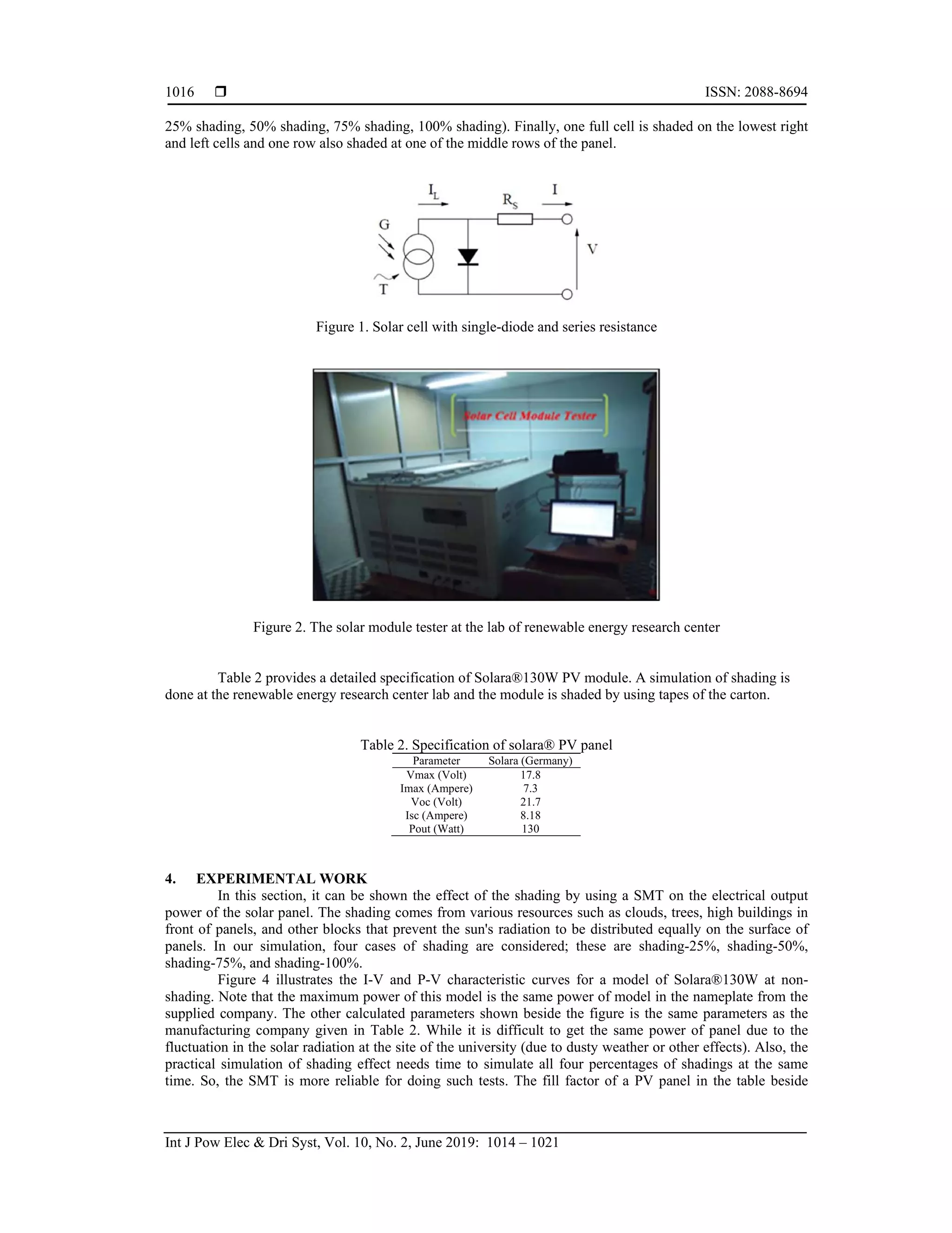  ISSN: 2088-8694
Int J Pow Elec & Dri Syst, Vol. 10, No. 2, June 2019: 1014 – 1021
1016
25% shading, 50% shading, 75% shading, 100% shading). Finally, one full cell is shaded on the lowest right
and left cells and one row also shaded at one of the middle rows of the panel.
Figure 1. Solar cell with single-diode and series resistance
Figure 2. The solar module tester at the lab of renewable energy research center
Table 2 provides a detailed specification of Solara®130W PV module. A simulation of shading is
done at the renewable energy research center lab and the module is shaded by using tapes of the carton.
Table 2. Specification of solara® PV panel
Parameter Solara (Germany)
Vmax (Volt) 17.8
Imax (Ampere) 7.3
Voc (Volt) 21.7
Isc (Ampere) 8.18
Pout (Watt) 130
4. EXPERIMENTAL WORK
In this section, it can be shown the effect of the shading by using a SMT on the electrical output
power of the solar panel. The shading comes from various resources such as clouds, trees, high buildings in
front of panels, and other blocks that prevent the sun's radiation to be distributed equally on the surface of
panels. In our simulation, four cases of shading are considered; these are shading-25%, shading-50%,
shading-75%, and shading-100%.
Figure 4 illustrates the I-V and P-V characteristic curves for a model of Solara®130W at non-
shading. Note that the maximum power of this model is the same power of model in the nameplate from the
supplied company. The other calculated parameters shown beside the figure is the same parameters as the
manufacturing company given in Table 2. While it is difficult to get the same power of panel due to the
fluctuation in the solar radiation at the site of the university (due to dusty weather or other effects). Also, the
practical simulation of shading effect needs time to simulate all four percentages of shadings at the same
time. So, the SMT is more reliable for doing such tests. The fill factor of a PV panel in the table beside
 