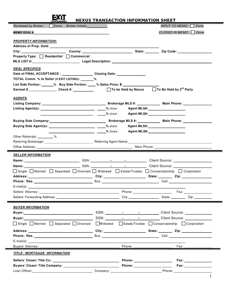 nexus transaction information sheet seller information sheet real estate