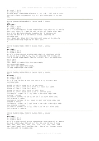 AISWEB - BOLETIM PERSONALIZADO - 08/12/2013 às 10:13:00 UTC - Total de Páginas: 39

B) 06/10/13 21:01
C) 01/01/14 21:00
E) OBST MOVEL (PLATAFORMA PETROBRAS XXIII) 101M (332FT) HGT NA COORD
225359S/0430838W (FUNDEADOURO 01A) DIST APRX 2040M AZM 075 DEG THR
20L)
RIO DE JANEIRO/GALEAO-ANTONIO CARLOS JOBIM,RJ (SBGL)
AGA
Z1713/2013
B) 12/12/13 02:00
C) 05/03/14 23:59
E) AD - EM SUBSTITUICAO AS RTE PREFERENCIAIS PUBLICADAS NO AIP BRASIL
ENR 3.5-31 ITEM 7.1.5, PARA OS VOOS COM DESTINO A KMIA, KORD, KATL,
SVMI E KJFK QUE INTENCIONAREM INGRESSAR NA FIR AMAZONICA NO
PERIODO BTN 0200 A 0530 UTC DEVERAO SEGUIR A SEGUINTE RTE
PREFERENCIAL:
UM409 EGBAV UZ24 BOMAL DCT 0746S05245W DCT KOKNA DCT 0309S05531W
DCT 0031S05740W DCT BUVIP DCT BVI UM402 UDUSA
)
RIO DE JANEIRO/GALEAO-ANTONIO CARLOS JOBIM,RJ (SBGL)
AGA
Z1711/2013
B) 12/12/13 02:00
C) 05/03/14 23:59
E) AD - EM SUBSTITUICAO AS ROTAS PREFERENCIAIS PUBLICADAS NO AIP
BRASIL ENR 3.5-31 ITEM 7.1.5, PARA AS AERONAVES TKOF DE SBGL COM
DEST A EUROPA DEVEM CUMPRIR UMA DAS SEGUINTES ROTAS PREFERENCIAIS:
UL206 CALVO
UN857 UTRAM
UN857 AMBET DCT 0458S03305W DCT VUNOK UN873
UZ1 TROVA UN866 MAGNO
UZ22 CARDO UZ4 ISIXU UM799 ESLEL
CNL RTE PREFERENCIAL PUBLICADA)
RIO DE JANEIRO/GALEAO-ANTONIO CARLOS JOBIM,RJ (SBGL)
AGA
Z1704/2013
B) 12/12/13 02:00
C) 05/03/14 23:59
E) AD - TKOF COM DEST A SBGL DEVE SEGUIR PELAS SEGUINTES RTE
PREFERENCIAIS:
EUROPA VIA UN741: JOBER
EUROPA VIA UN873: VUNOK
EUROPA VIA UN857: UTRAM
EUROPA VIA UL206: CALVO
EUROPA VIA UM799: ESLEL
USA/AMERICA CENTRAL VIA
SOMENTE FL IMPAR)
USA/AMERICA CENTRAL VIA
USAR SOMENTE FL IMPAR)
USA/AMERICA CENTRAL VIA
SOMENTE FL IMPAR)
USA/AMERICA CENTRAL VIA
USAR SOMENTE FL IMPAR)
USA/AMERICA CENTRAL VIA
USAR SOMENTE FL IMPAR))

UN741 FLZ UZ29 OGMUK
UN873 AVILA UZ30 REMIG UZ29 OGMUK
UN857 MOLSU
UL206 VTR UL327 MOLSU
UM799 ISIXU UZ4 CNF UZ3 MAVGU
UL795: VUMPI UL795 MINUX (RMK: USAR
UM549: MTU UM549 URB UL795 MINUX (RMK:
UZ6: VAGAN UZ6 BSI UZ24 MINUX (RMK: USAR
UL304: POVLA UL304 EGONI UL795 MINUX (RMK:
UA312: ACARI UA312 STM UZ24 MINUX (RMK:

RIO DE JANEIRO/GALEAO-ANTONIO CARLOS JOBIM,RJ (SBGL)
AGA
Z1697/2013
B) 12/12/13 02:00
C) 05/03/14 23:59
E) AD - EM SUBSTITUICAO AS RTE PREFERENCIAIS PUBLICADAS NO AIP BRASIL
ENR 2.1-2 ITEM 2.1.5, PARA AS ACFT TKOF DE SBGL COM DEST A SBPA,
SBGO, SBBR, SBVT, SBBH, SBCF, SBPS, SBTV, SBIL, SBTC, SBMO, SBRF,
SBJP, SBNT, SBAR, SBSV, SBRP,SBKP,SBCT, SBEG E SBFZ DEVERAO SEGUIR
PELA SEGUINTE RTE PREFERENCIAL:

página 32 de 39 :: IP 177.32.186.131

 