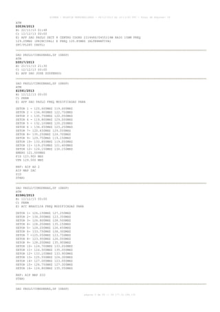 AISWEB - BOLETIM PERSONALIZADO - 08/12/2013 às 10:13:00 UTC - Total de Páginas: 39

ATM
D3539/2013
B) 22/11/13 01:48
C) 12/12/13 00:00
E) APP SAO PAULO SECT 8 CENTRO COORD 231448S/0455116W RAIO 15NM FREQ
129.05MHZ (PRINCIPAL) E FREQ 120.85MHZ (ALTERNATIVA)
SFC/FL085 INSTL)
SAO PAULO/CONGONHAS,SP (SBSP)
ATM
D3517/2013
B) 21/11/13 21:30
C) 12/12/13 00:00
E) APP SAO JOSE SUSPENSO)
SAO PAULO/CONGONHAS,SP (SBSP)
ATM
Z1591/2013
B) 12/12/13 00:00
C) PERM
E) APP SAO PAULO FREQ MODIFICADAS PARA
SETOR 1 - 125.600MHZ 119.600MHZ
SETOR 2 - 134.900MHZ 122.750MHZ
SETOR 3 - 135.750MHZ 120.050MHZ
SETOR 4 - 119.800MHZ 129.000MHZ
SETOR 5 - 132.100MHZ 120.250MHZ
SETOR 6 - 134.650MHZ 123.250MHZ
SETOR 7- 120.450MHZ 129.050MHZ
SETOR 8- 135.250MHZ 124.700MHZ
SETOR 9- 129.750MHZ 119.150MHZ
SETOR 10- 133.850MHZ 119.050MHZ
SETOR 11- 119.250MHZ 121.400MHZ
SETOR 12- 124.150MHZ 134.150MHZ
EMERG 121.500MHZ
FIS 123.900 MHZ
VFR 129.500 MHZ
REF: AIP AD 2
AIP MAP IAC
SID
STAR)
SAO PAULO/CONGONHAS,SP (SBSP)
ATM
Z1586/2013
B) 12/12/13 00:00
C) PERM
E) ACC BRASILIA FREQ MODIFICADAS PARA
SETOR
SETOR
SETOR
SETOR
SETOR
SETOR
SETOR
SETOR
SETOR
SETOR
SETOR
SETOR
SETOR
SETOR
SETOR
SETOR

1- 126.150MHZ 127.250MHZ
2- 134.000MHZ 123.350MHZ
3- 126.800MHZ 128.500MHZ
4- 128.050MHZ 135.150MHZ
5- 124.200MHZ 126.450MHZ
6- 133.750MHZ 128.300MHZ
7 -125.050MHZ 123.750MHZ
8- 123.950MHZ 126.050MHZ
9- 128.200MHZ 135.900MHZ
10- 124.700MHZ 133.050MHZ
11- 124.500MHZ 135.000MHZ
12- 133.100MHZ 133.900MHZ
13- 125.550MHZ 124.300MHZ
14- 127.000MHZ 123.000MHZ
15- 126.750MHZ 127.300MHZ
16- 124.800MHZ 135.550MHZ

REF: AIP MAP SID
STAR)
SAO PAULO/CONGONHAS,SP (SBSP)
página 5 de 39 :: IP 177.32.186.131

 