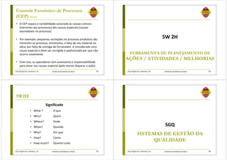 Prof. Ângela M.F. Danilevicz, Dr. Gestão da Qualidade de Obras
Controle Estatístico de Processos
(CEP) (Cont.)
• O CEP separa a variabilidade associada às causas comuns
(inerentes aos processos) das causas especiais (causas
assinaláveis no processo)
• Por exemplo: pequenas oscilações no processo produtivo são
inerentes ao processo, entretanto, a falta de um material na
obra, por falta de entrega do fornecedor, é considerado uma
causa especial e deve ser corrigida e padronizada par que não
ocorra novamente
• Com isso, os operadores tem autonomia e responsabilidade
para atuar nas causas especial (pelo menos disparar a ação)
53 Prof. Ângela M.F. Danilevicz, Dr. Gestão da Qualidade de Obras
FERRAMENTA DE PLANEJAMENTO DE
AÇÕES / ATIVIDADES / MELHORIAS
5W 2H
54
Prof. Ângela M.F. Danilevicz, Dr. Gestão da Qualidade de Obras
5W2H
Significado
• What ? O que
• Who? Quem
• Where? Onde
• When? Quando
• Why? Por que
• How? Como
• How much? Quanto custa
55 Prof. Ângela M.F. Danilevicz, Dr. Gestão da Qualidade de Obras
SISTEMAS DE GESTÃO DA
QUALIDADE
SGQ
56
 