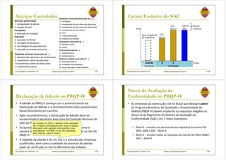 Prof. Ângela M.F. Danilevicz, Dr. Gestão da Qualidade de Obras
Serviços Controlados
Serviços preliminares
1. compactação de aterros
2. locação de obra
Fundações
3. execução de fundação
Estrutura
4. execução de fôrmas
5. montagem de armadura
6. concretagem de peça estrutural
7. execução de alvenaria estrutural
Vedações verticais (execução de ...)
8. alvenaria não estrutural e de divisória leve
9. revestimento interno de área seca
10.revestimento interno de área úmida
11.revestimento externo
117
Vedações horizontais (Execução de ...)
12. contrapiso
13. revestimento de piso interno de área seca
14. revestimento de piso interno de área úmida
15. revestimento de piso externo
16. forro
17. impermeabilização
18. cobertura em telhado
Esquadrias (colocação de ...)
19. batente e porta
20. janela
Pintura (execução de ...)
21. pintura interna
22. pintura externa
Sistemas prediais (execução de ...)
23. instalação elétrica
24. instalação hidrossanitária
25. louça, bancada e metal sanitária
Prof. Ângela M.F. Danilevicz, Dr. Gestão da Qualidade de Obras
Caráter Evolutivo do SiAC
118
SiAC NBR ISO Mesma
Nível Nível A 9001 Auditoria
SiAC
Nível B
Adesão B A Tempo
Declaração Certificação
Sem exigência
de Auditoria
Prof. Ângela M.F. Danilevicz, Dr. Gestão da Qualidade de Obras
Declaração de Adesão ao PBQP-H
• A adesão ao PBPQ-h começa com o preenchimento da
Declaração de Adesão e o reconhecimento da(s) assinatura(s)
desse documento em cartório.
• Após reconhecimento, a Declaração de Adesão deve ser
encaminhada à Secretaria Executiva da Comissão Nacional do
SiAC do PBQP-h
• Se aprovada, a empresa será cadastrada no programa e
passará a constar na lista de empresas qualificadas no site do
PBQP-H.
• A validade da adesão é de um ano e a consulta das empresas
qualificadas, bem como a validade do processo de adesão
pode ser verificada no site do Ministério das Cidades
119
Na versão de 2005 a adesão tinha validade
de 6 meses prorrogáveis por mais 6 meses.
Mas após este período não poderia mais
permanecer no PBQP-H se não passasse,
pelo menos, para o nível C
Prof. Ângela M.F. Danilevicz, Dr. Gestão da Qualidade de Obras
Níveis de Avaliação da
Conformidade no PBQP-H
• As empresas da construção civil no Brasil que desejam aderir
ao Programa Brasileiro da Qualidade e Produtividade do
Habitat (PBQP-H) devem implantar os requisitos exigidos no
Anexo III do Regimento do Sistema de Avaliação da
Conformidade (SiAC), em 2 níveis evolutivos.
• Nível B – envolve um percentual dos requisitos da norma ISO
9001:2008 / SiAC - Nível B;
• Nível A – envolve todos os requisitos da norma ISO 9001:2008 /
SiAC – Nível A
120
 