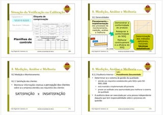 Prof. Ângela M.F. Danilevicz, Dr. Gestão da Qualidade de Obras
Situação da Verificação ou Calibração
169
Equipamento no:
XXXYY/ZZZZ
Data da próx. Calibração:
____/____/____
Planilhas de
controle
Etiqueta de
comprovação
LOGO Planilha de Controle de Verificação
de Equipamentos de Medição
Obra: Folha:
/
Data
Equipamento
Código /
Número
Usuário
Verificado
por Última Próxima
Planilha de Controle de Calibração de Padrões
Folha:
1/1
Datas de calibração ou
verificaçãoEquipamento / freqüência de
calibração
Nº do patrimônio
Laboratório
contratado
Tolerância
Liberado
para uso?
(S) ou (N)
Visto do
Responsável última próxima
Nível a laser ou teodolito
(anualmente)
1029/00 Lab Cali
Desvio em relação ao eixo
vertical de 5’.
S Ronaldo 30-04-2001 30-04-2002
Esquadro (80 x 60 x 100 cm)
(anualmente)
1099/01 Lab Bom
Desvio de relação ao ângulo reto
de 1 grau.
S Ronaldo 12-12-2000 12-12-2001
Trena metálica 30 metros
(anualmente)
1209/01 Lab Bom
Nenhuma parcial e sua medida
total devem apresentar desvio
superior a 2 mm.
S Ronaldo 12-12-2000 12-12-2001
Prof. Ângela M.F. Danilevicz, Dr. Gestão da Qualidade de Obras
8. Medição, Análise e Melhoria
8.1 Generalidades
170
Planejamento e
implementação
dos processos de
monitoramento,
medição, análise
e melhoria
Demonstrar a
conformidade
do produto
Assegurar a
conformidade
do SGQ
Melhorar
continuament
e a eficácia do
SGQ
Determinação
dos métodos
aplicáveis,
incluindo
técnicas
estatísticasIEL (2008)
Prof. Ângela M.F. Danilevicz, Dr. Gestão da Qualidade de Obras
8. Medição, Análise e Melhoria
8.2 Medição e Monitoramento
8.2.1 Satisfação dos clientes
• Monitorar informações relativas à percepção dos clientes
sobre se a empresa atendeu aos requisitos dos clientes
171
SATISFAÇÃO x INSATISFAÇÃO
Prof. Ângela M.F. Danilevicz, Dr. Gestão da Qualidade de Obras
8. Medição, Análise e Melhoria (Cont.)
8.2.2 Auditoria Interna
• Determinar se o sistema de gestão da qualidade:
• atende aos requisitos estabelecidos pelo SGQ e pela ISO
9001:2008
• está mantido e implementado eficazmente
• prover ao auditado uma oportunidade para melhorar o sistema
da qualidade
• A auditoria deve ser executada por uma pessoa independente
daquela que tem responsabilidade sobre o processo em
questão
172
SiAC:
Procedimento Documentado
 