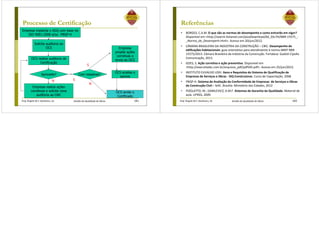 Prof. Ângela M.F. Danilevicz, Dr. Gestão da Qualidade de Obras
Processo de Certificação
181
Empresa implanta o SGQ com base na
ISO 9001:2008 e/ou PBQP-H
Solicita auditoria ao
OCS
OCS realiza auditoria de
Certificação
Aprovado? Com ressalvas?
S
S
N
Empresa
propõe ações
corretivas e
envia ao OCS
OCS emite o
Certificado
OCS analisa e
aprova
N
Empresa realiza ações
corretivas e solicita nova
auditoria ao OAC
Prof. Ângela M.F. Danilevicz, Dr. Gestão da Qualidade de Obras
Referências
• BORGES, C.A.M. O que são as normas de desempenho e como entrarão em vigor?
Disponível em <http://search.4shared.com/postDownload/0d_03c7H/NBR-15575_-
_Norma_de_Desempenh.html>. Acesso em 20/jun/2012.
• CÂMARA BRASILEIRA DA INDÚSTRIA DA CONSTRUÇÃO – CBIC. Desempenho de
ediﬁcações habitacionais: guia orientativo para atendimento à norma ABNT NBR
15575/2013. Câmara Brasileira da Indústria da Construção. Fortaleza: Gadioli Cipolla
Comunicação, 2013.
• GOES, S. Ação corretiva e ação preventiva. Disponível em
<http://executivebc.com.br/arquivos_pdf/pdf505.pdf>. Acesso em 25/jun/2012.
• INSTITUTO EUVALDO LODI. Itens e Requisitos do Sistema de Qualificação de
Empresas de Serviços e Obras - SIQ-Construtoras. Curso de Capacitação, 2008.
• PBQP-H. Sistema de Avaliação da Conformidade de Empresas de Serviços e Obras
da Construção Civil – SiAC. Brasília: Ministério das Cidades, 2012
• PIZOLATTO, M.; DANILEVICZ, A.M.F. Sistemas de Garantia da Qualidade. Material de
aula. UFRGS, 2009.
182
 